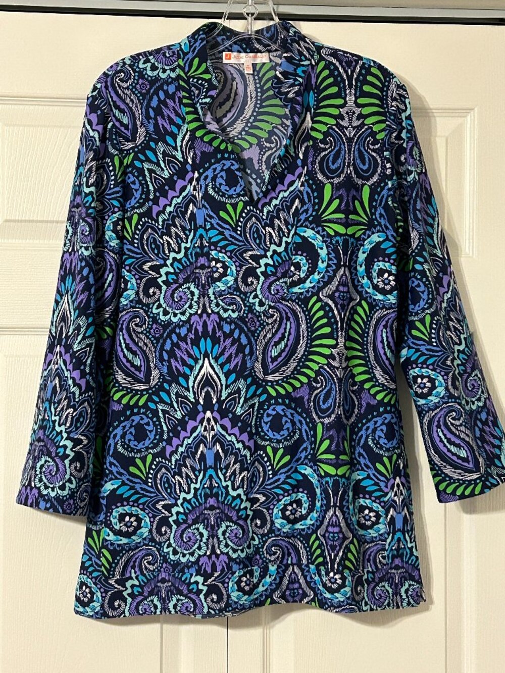 JUDE CONNALLY Sz M Blue Purple and Green Wild Paisley Print Tunic Top